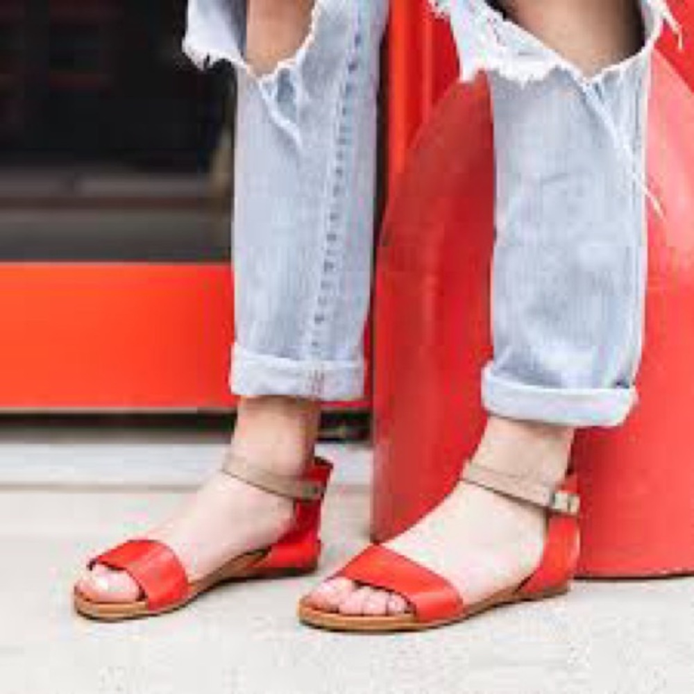 Miz Mooz Red and Tan Leather Ankle-Strap Sandals